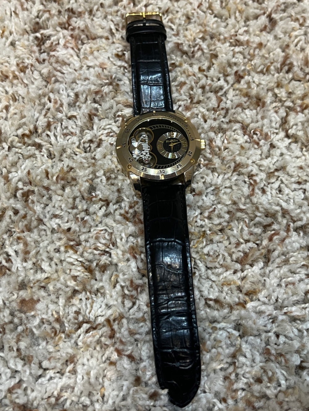 Gold-Tone Mens Dress Watch with Black Leather Strap